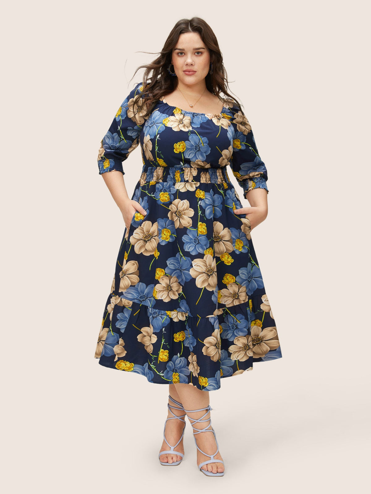 Floral Print Square Neck Shirred Cuffs Dress