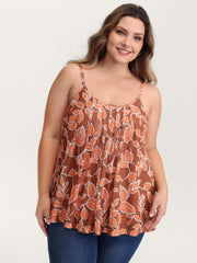 Floral Print Stretchy Mesh Pleated Tank Top