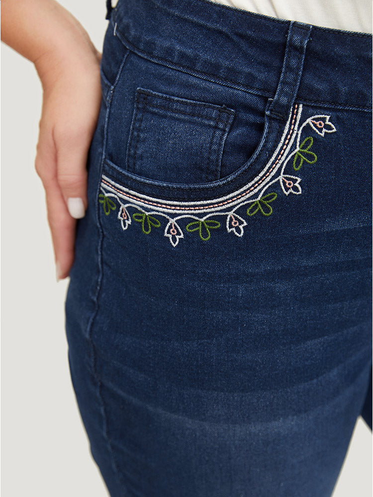 Straight Very Stretchy High Rise Dark Wash Embroidered Trim Jeans