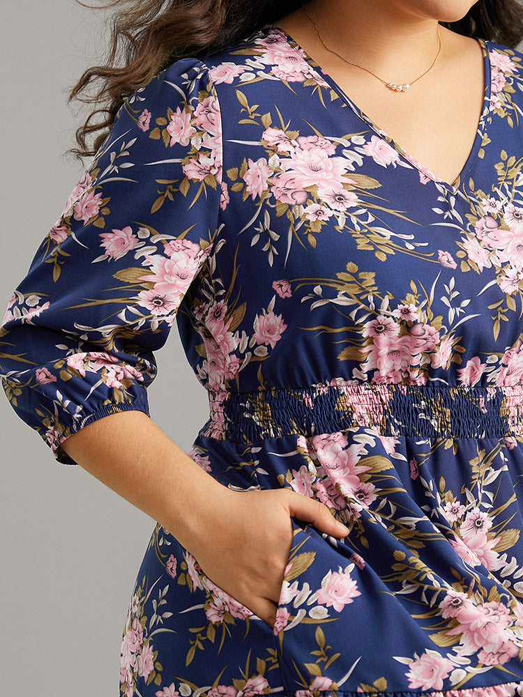 Floral Print Shirred Elastic Cuffs Dress