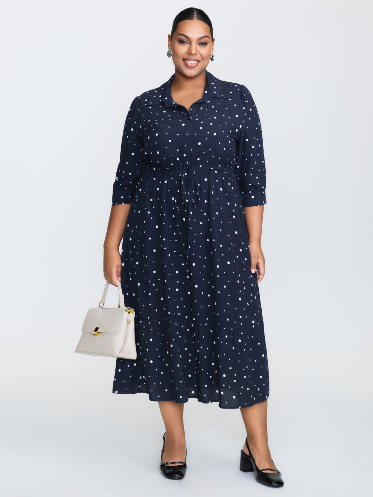 Asymmetrical Polka Dots Drawstring Midi Dress