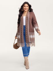 Boho Jacquard Folded Collar Tassels Cardigan