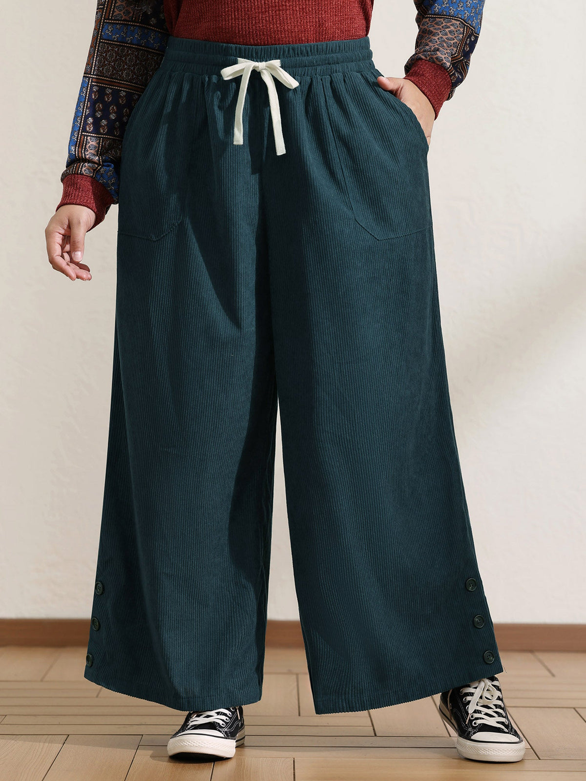 Textured Slit Drawstring Wide-Leg Pants