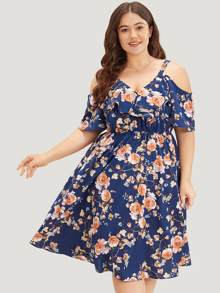 Floral Print Ruffle Trim  Elastic Waist Cold Shoulder Dress