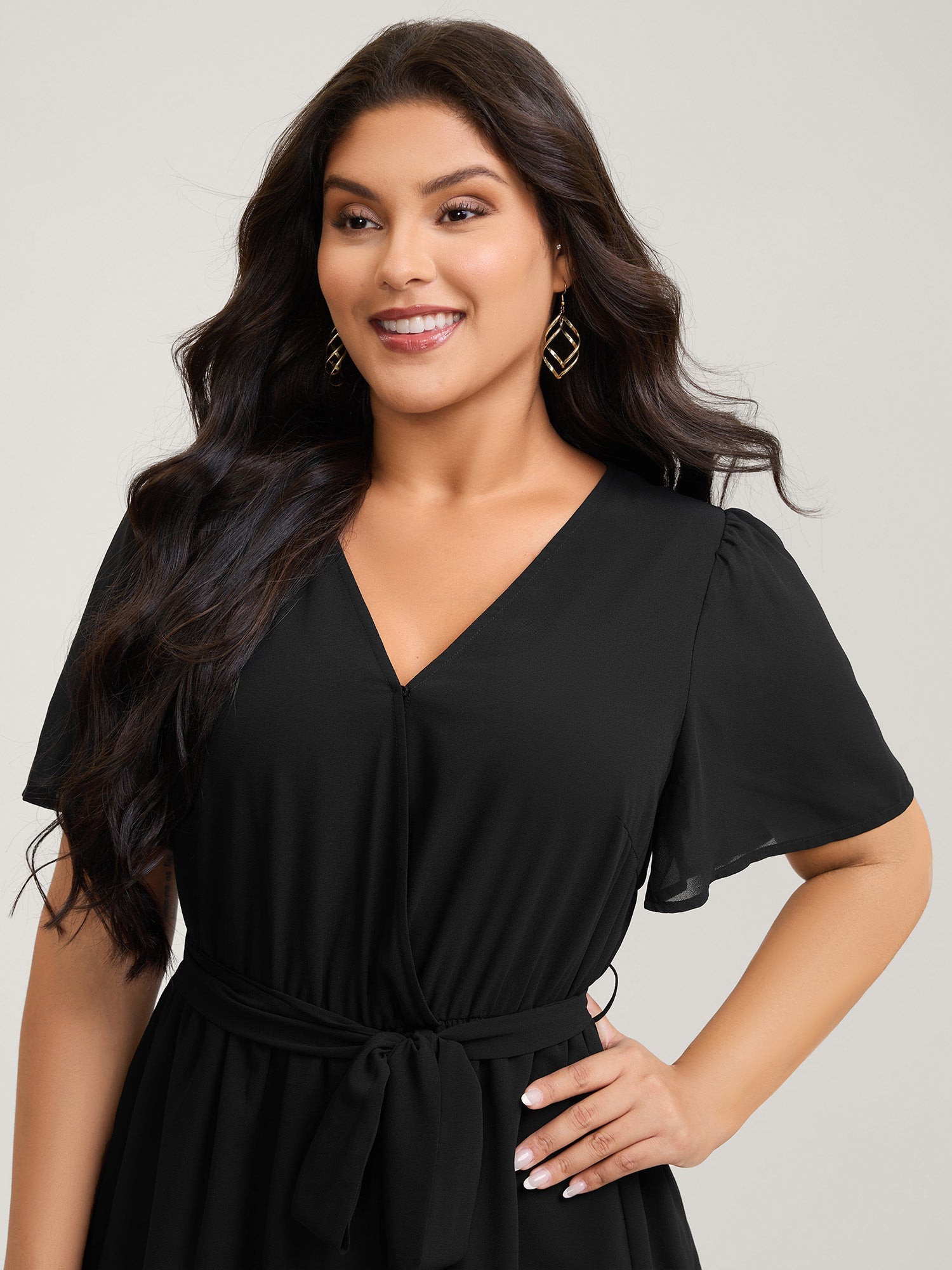 Sheer Chiffon Layered Skirt Belted Midi Dress