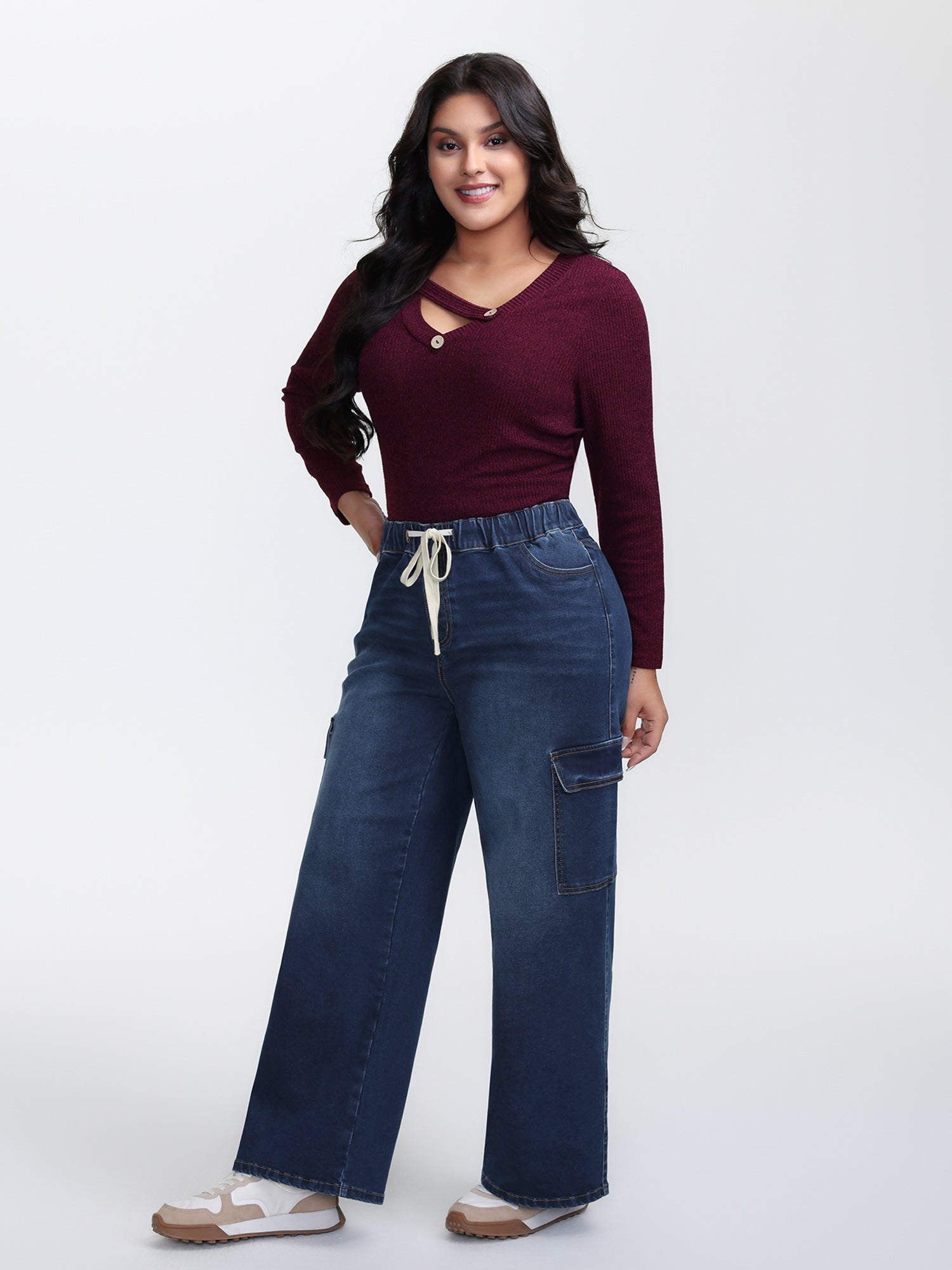 Stretchy Waist Drawstring Wide-Leg Jeans