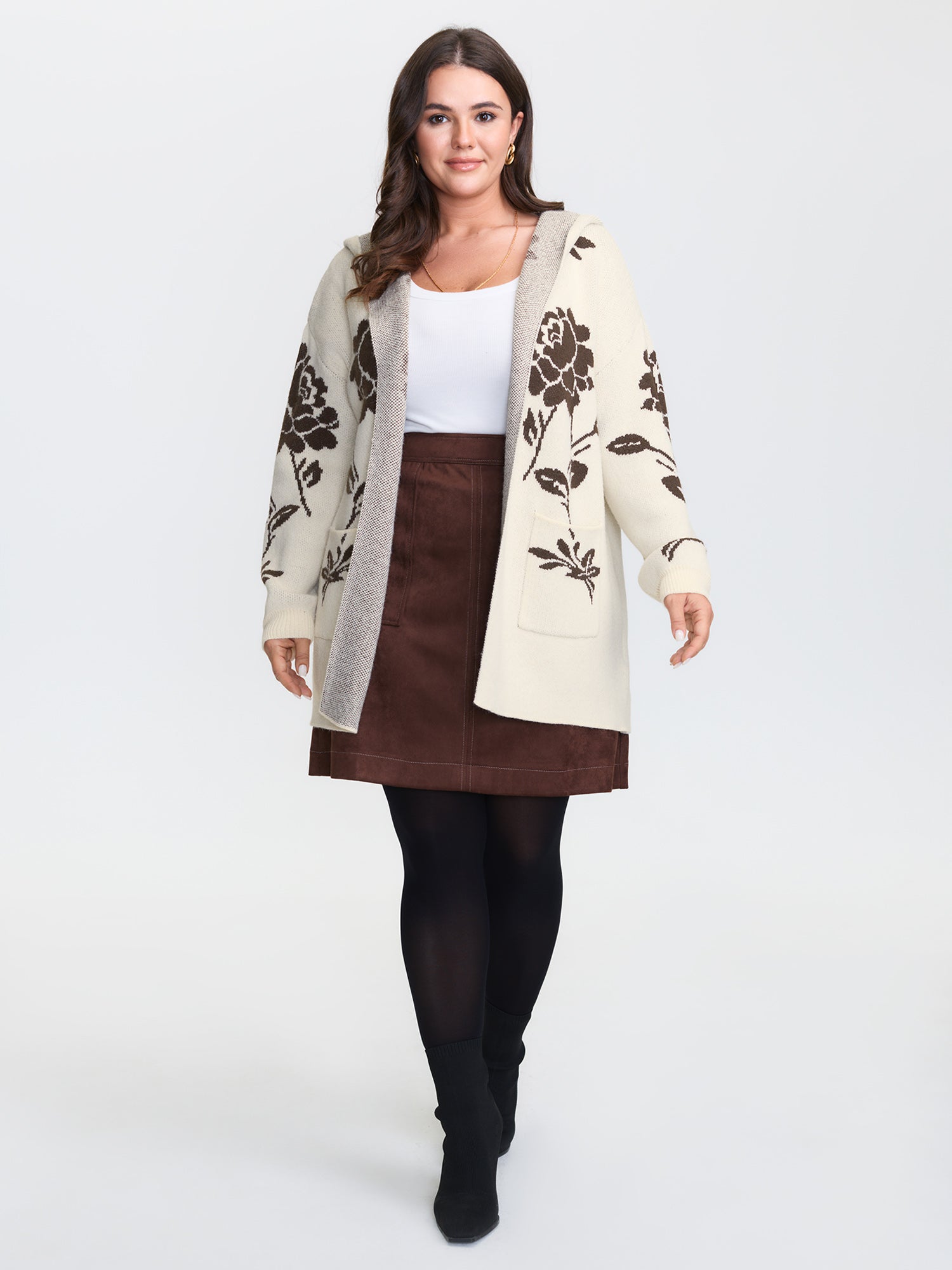 Floral Jacquard Hooded Contrast Knit Cardigan