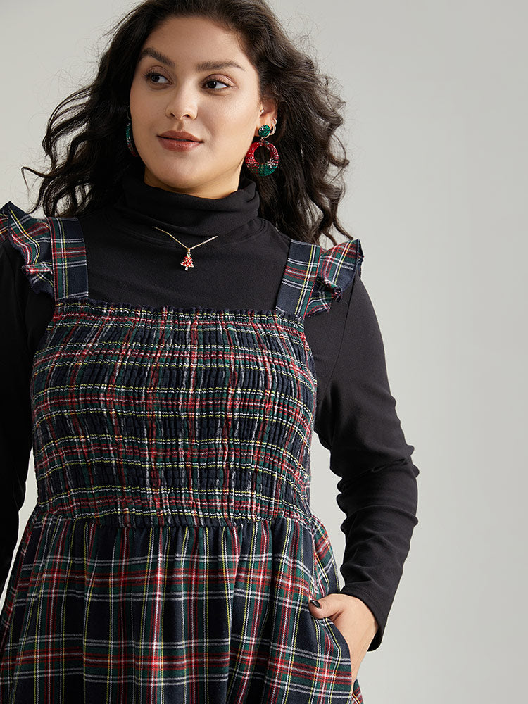 Plaid Ruffle Trim Shirred Spaghetti Strap Dress