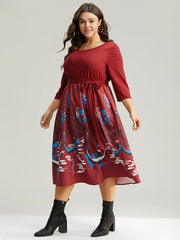 Boho Print Patchwork Belted Gathered Dress