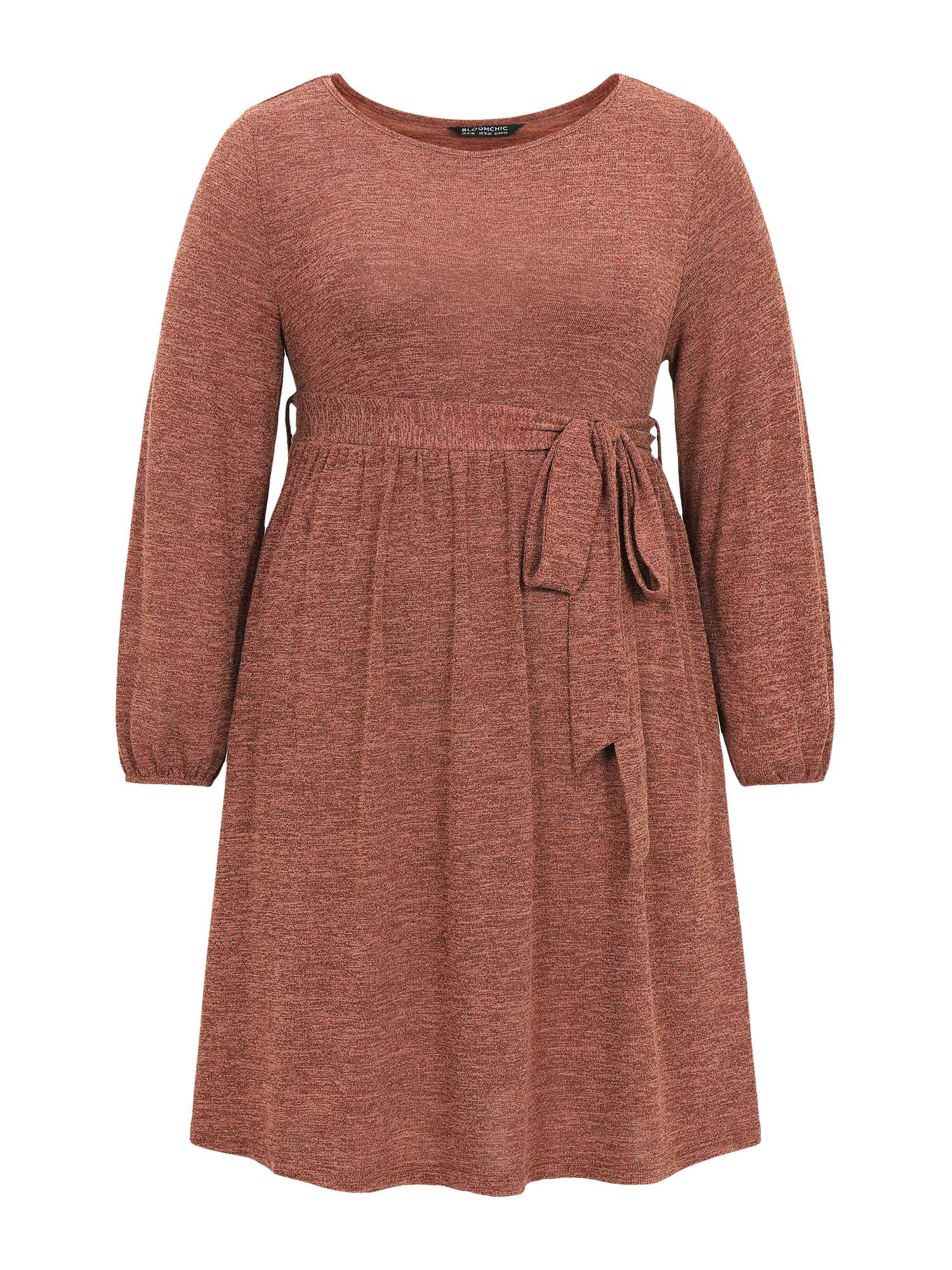 Solid Belted Elastic Cuffs Jacquard Dress