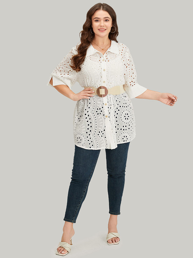 Plain Shirt Collar Broderie Anglaise Open Front Kimono