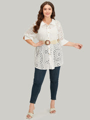 Plain Shirt Collar Broderie Anglaise Open Front Kimono