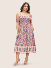 Floral Cold Shoulder Ruffles Shirred Dress