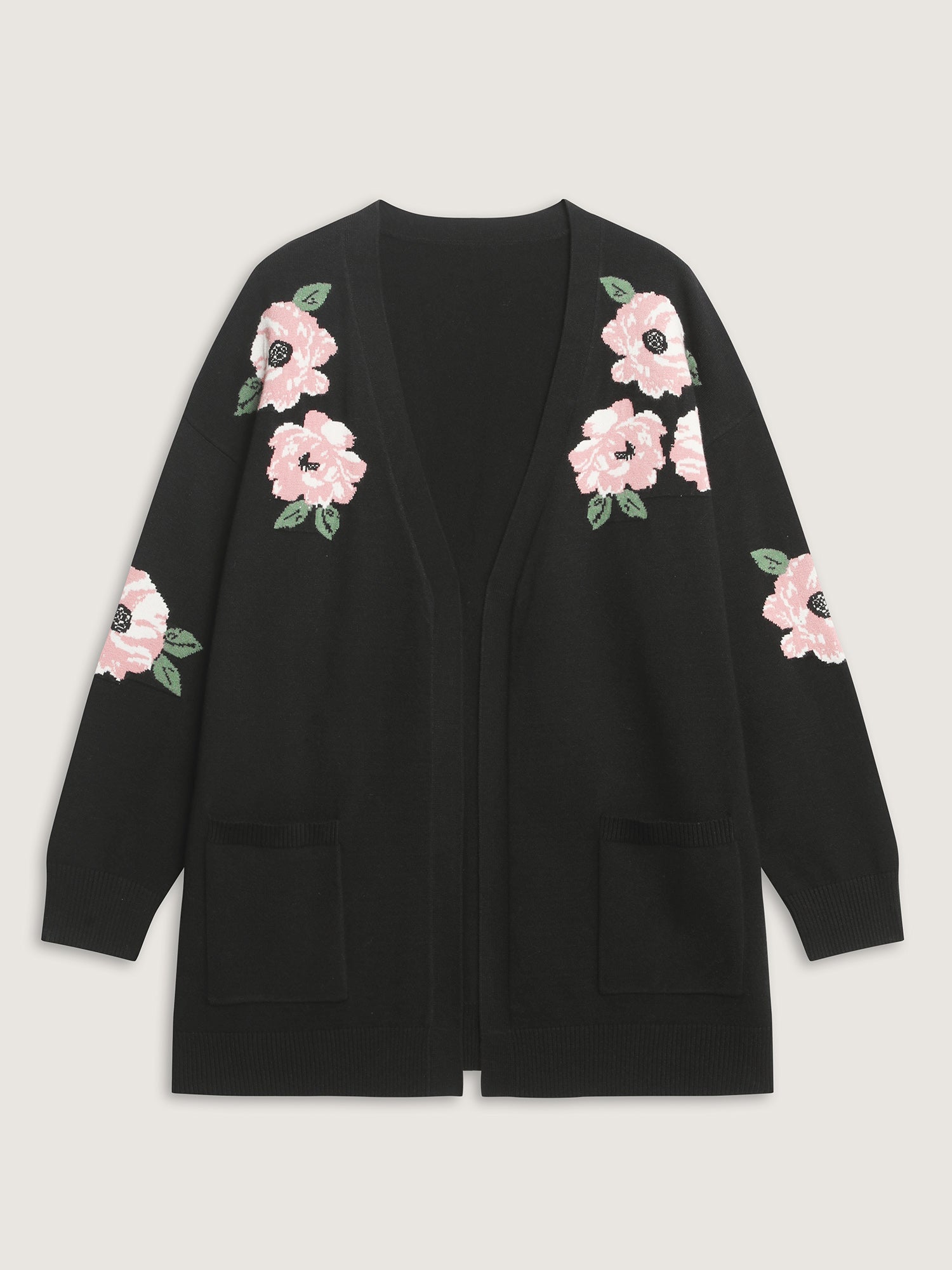 Floral Jacquard Pattern Pockets Knit Cardigan