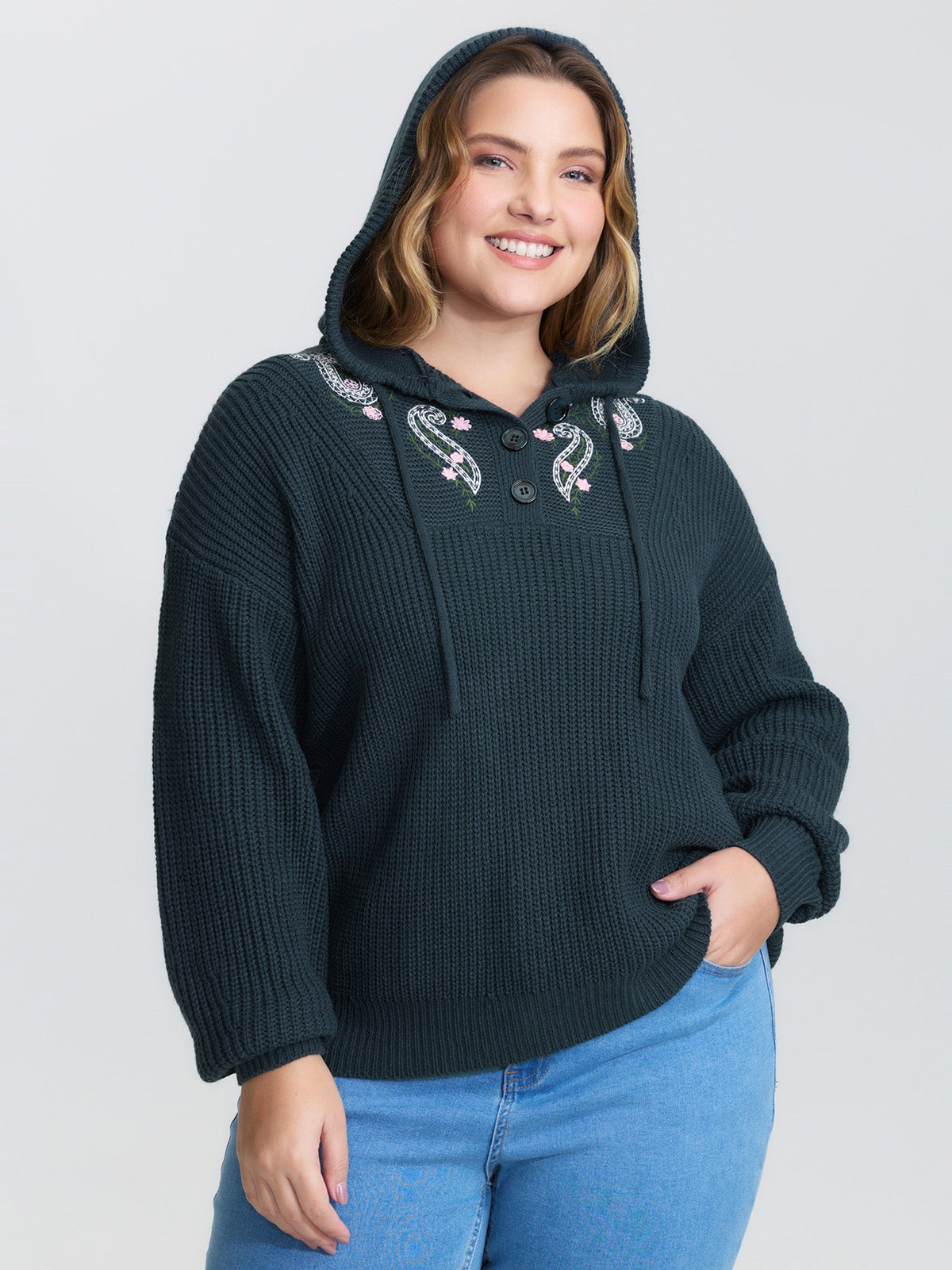 Floral Embroidery Hooded Textured Pullover