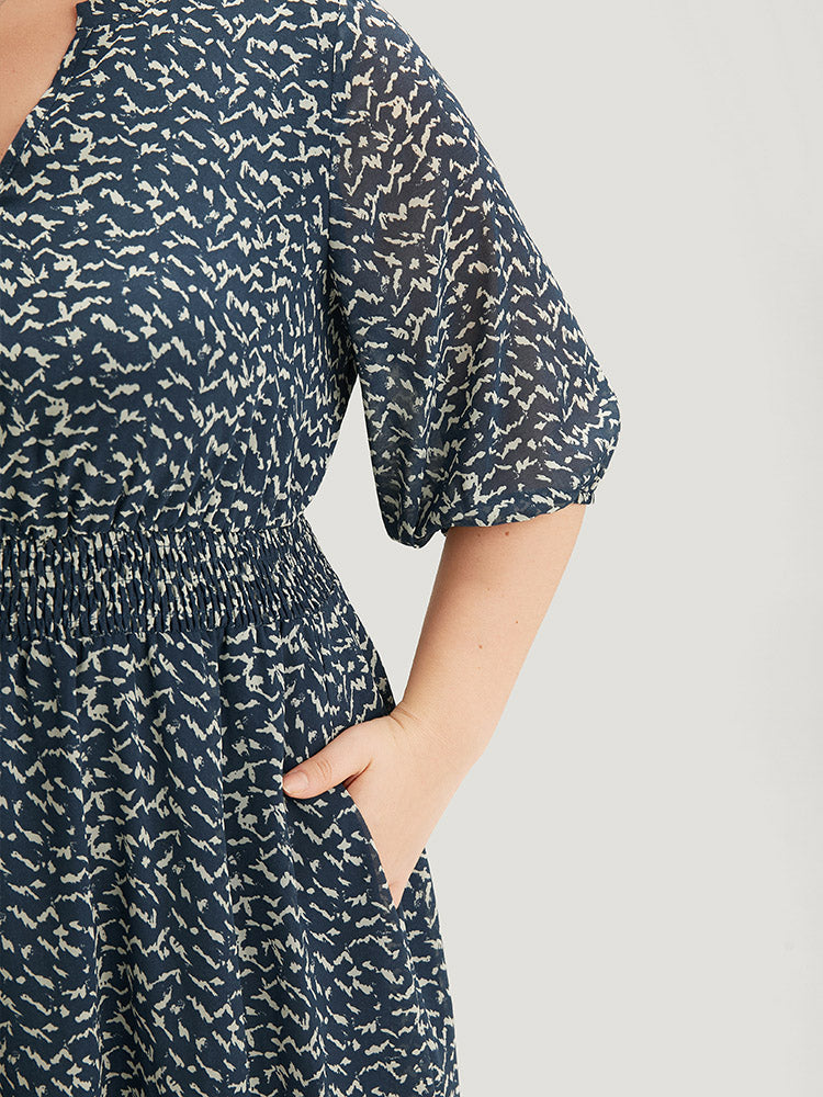 Bird Print Notched Shirred Lantern Sleeve Dress