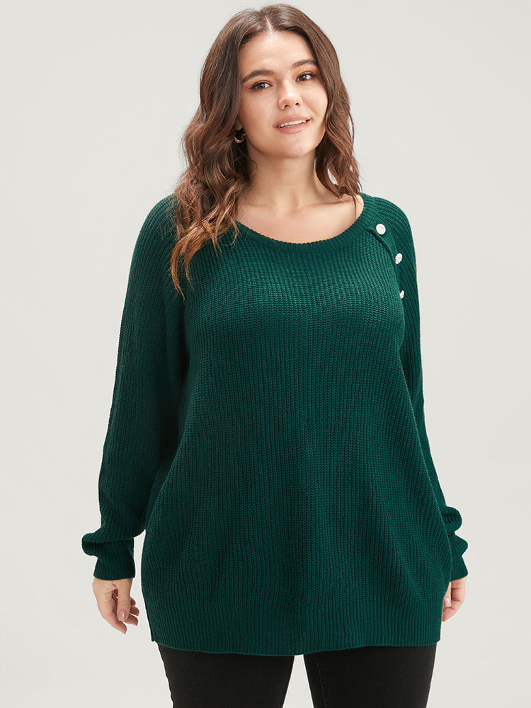 Solid Pointelle Knit Raglan Sleeve Button Detail Knit Top