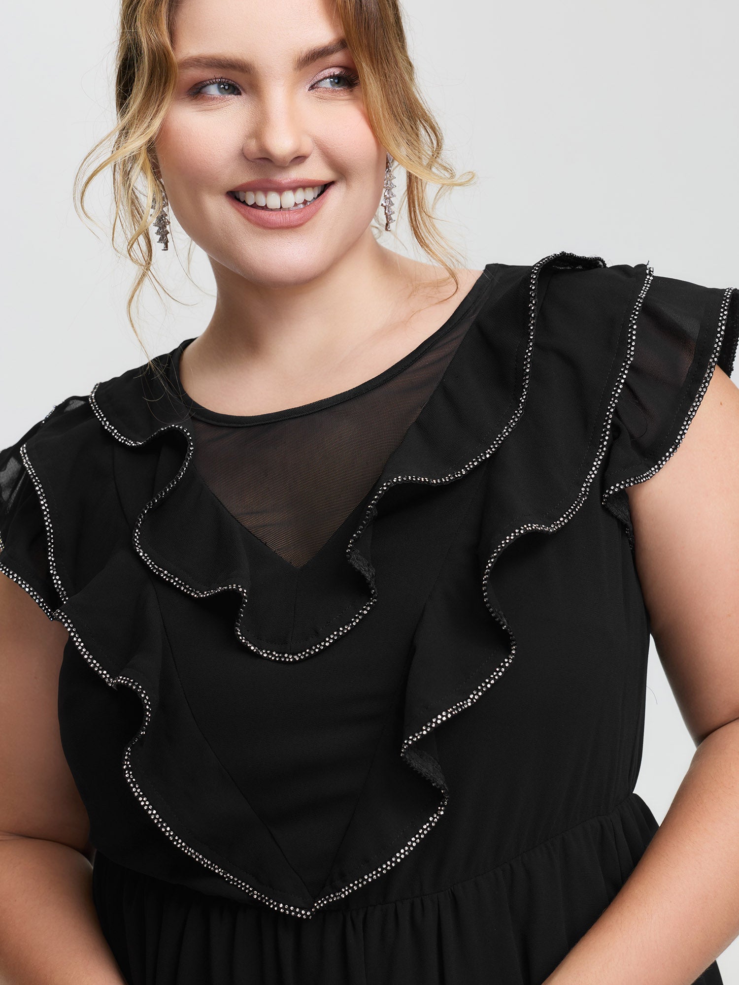 Sheer Rhinestone Chain Trim Ruffled Midi Dress