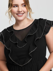 Sheer Rhinestone Chain Trim Ruffled Midi Dress