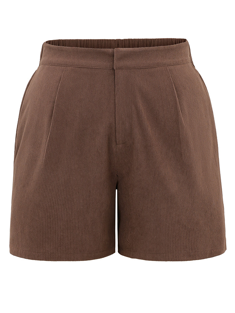 Solid Corduroy Plicated Detail Shorts