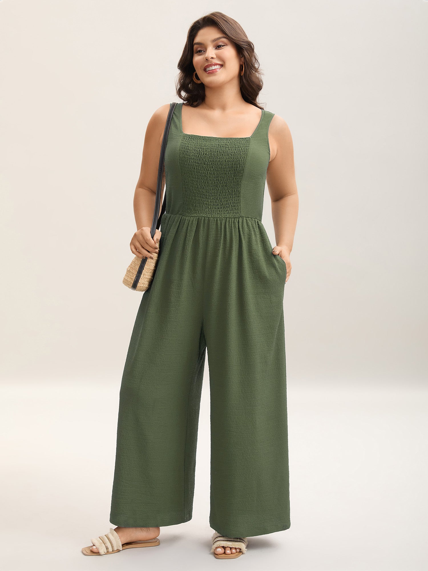 Shirred Pockets Wide-Leg Plain Jumpsuit