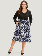 Silhouette Floral Print Belted Button Detail Dress