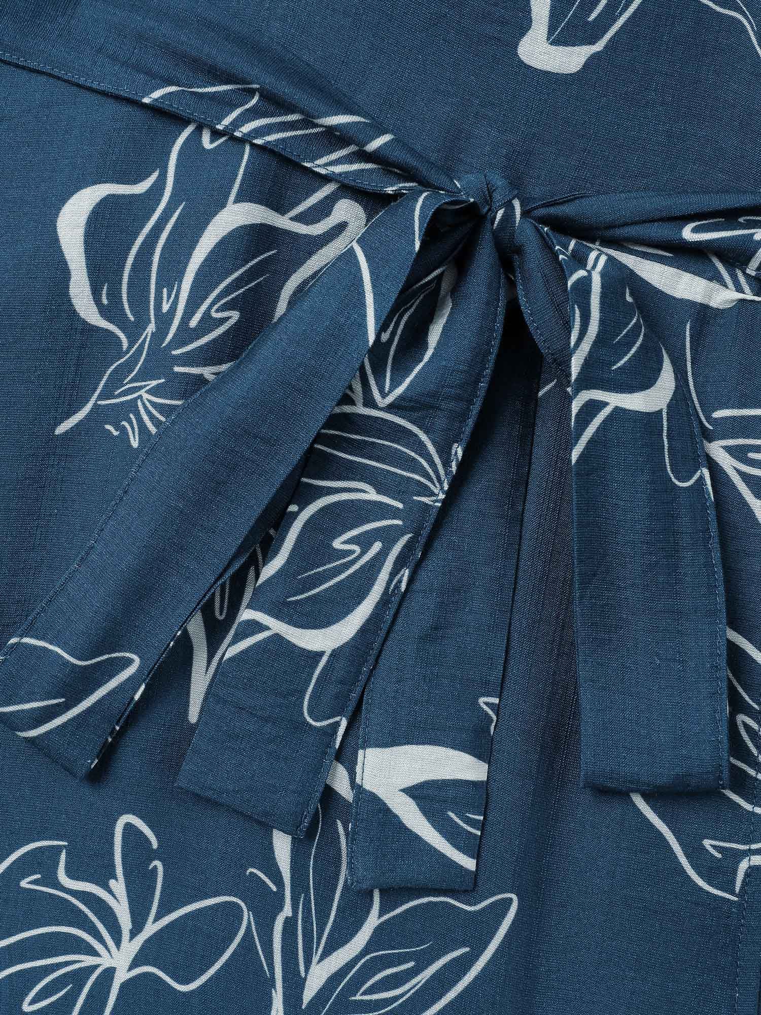 Silhouette Flower Print Wrap Neck Midi Dress