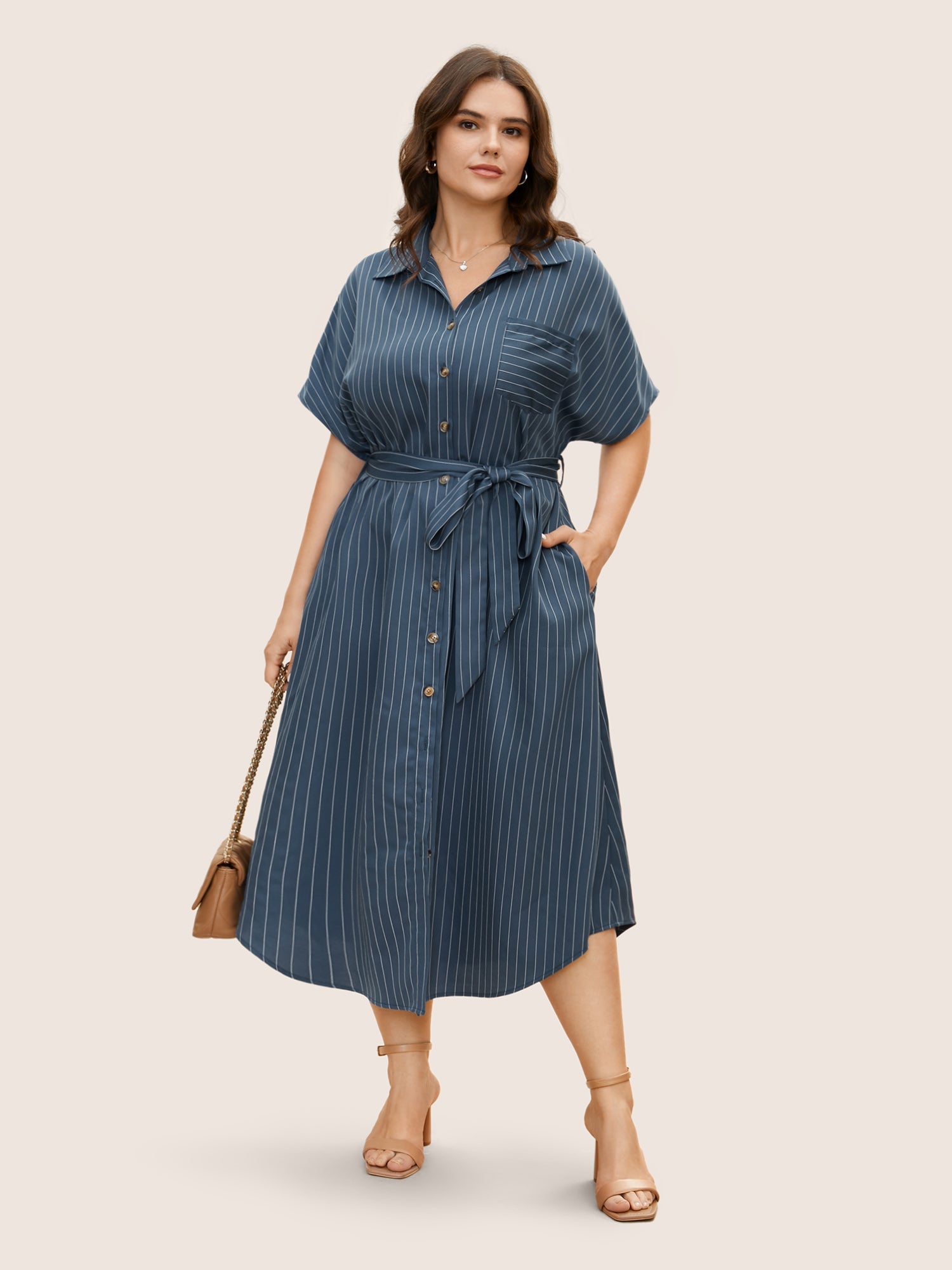 Shirt Collar Striped Curved Hem Midi Dress