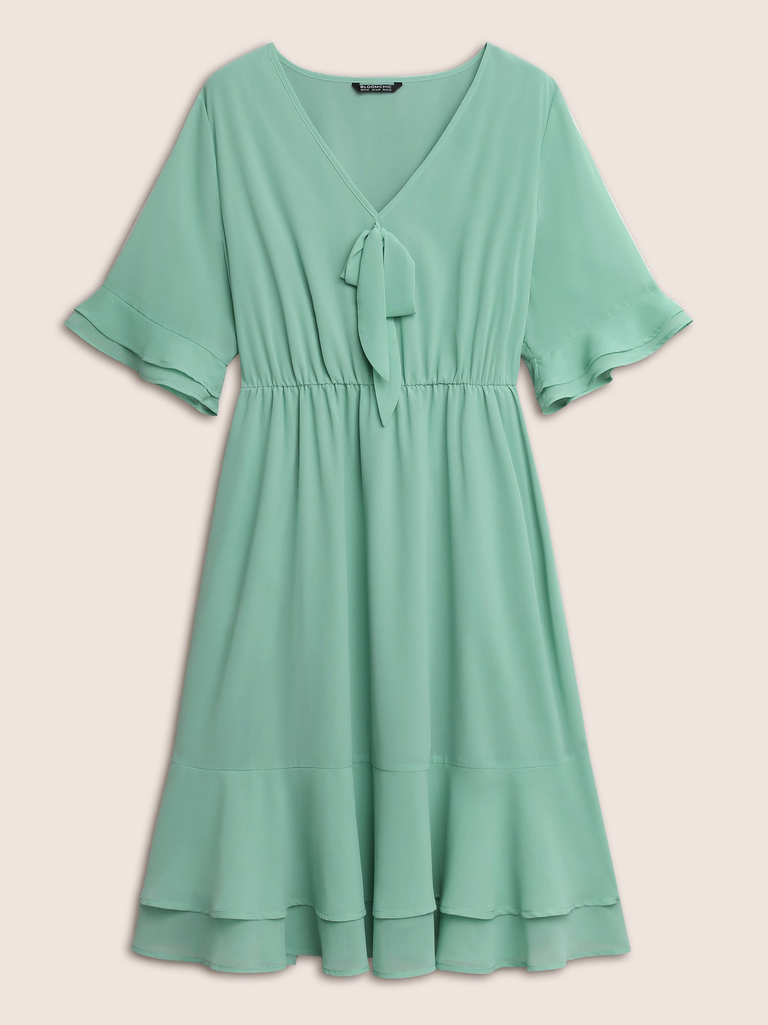 Solid Bowknot Patchwork Tiered Ruffle Sleeve Dress