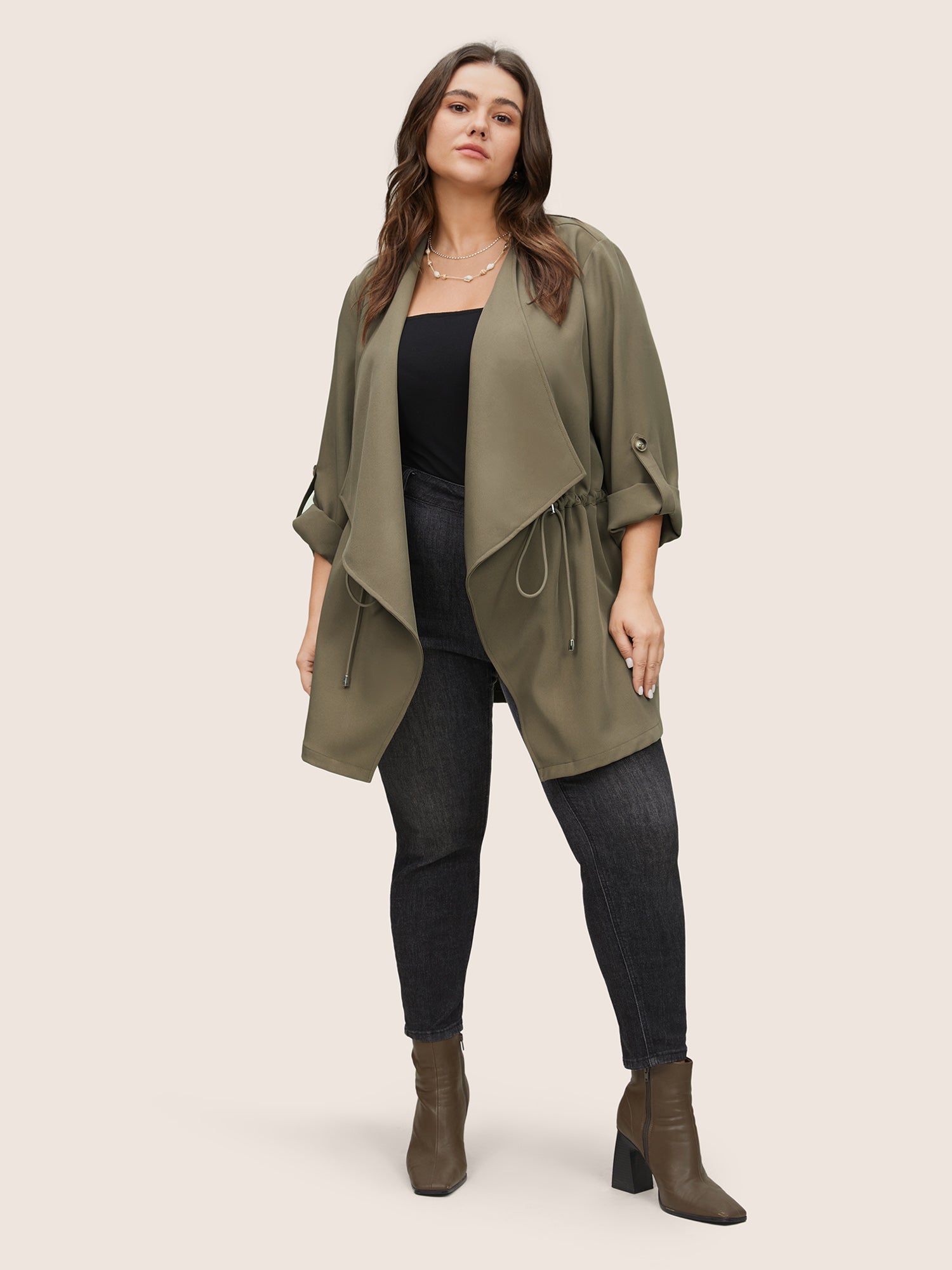 Solid Drawstring Asymmetrical Neck Tab Sleeve Jacket