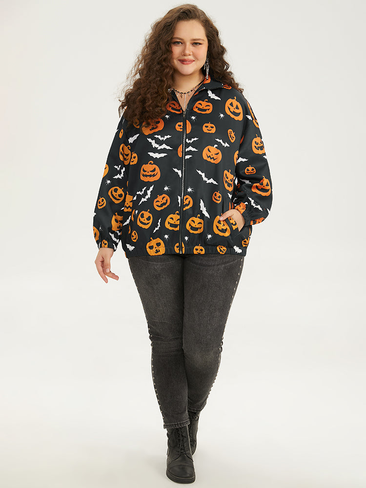 Halloween Graphic Zipper Fly Pocket Coat