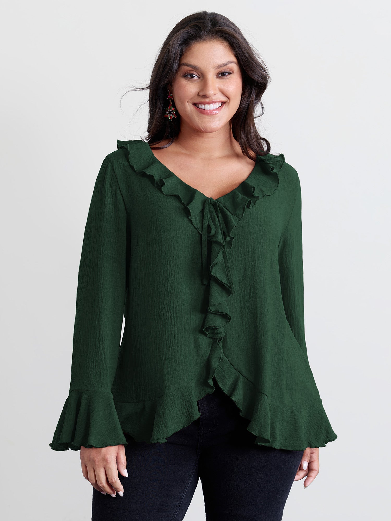 Ruffled V-Neck Curvy Edge Blouse
