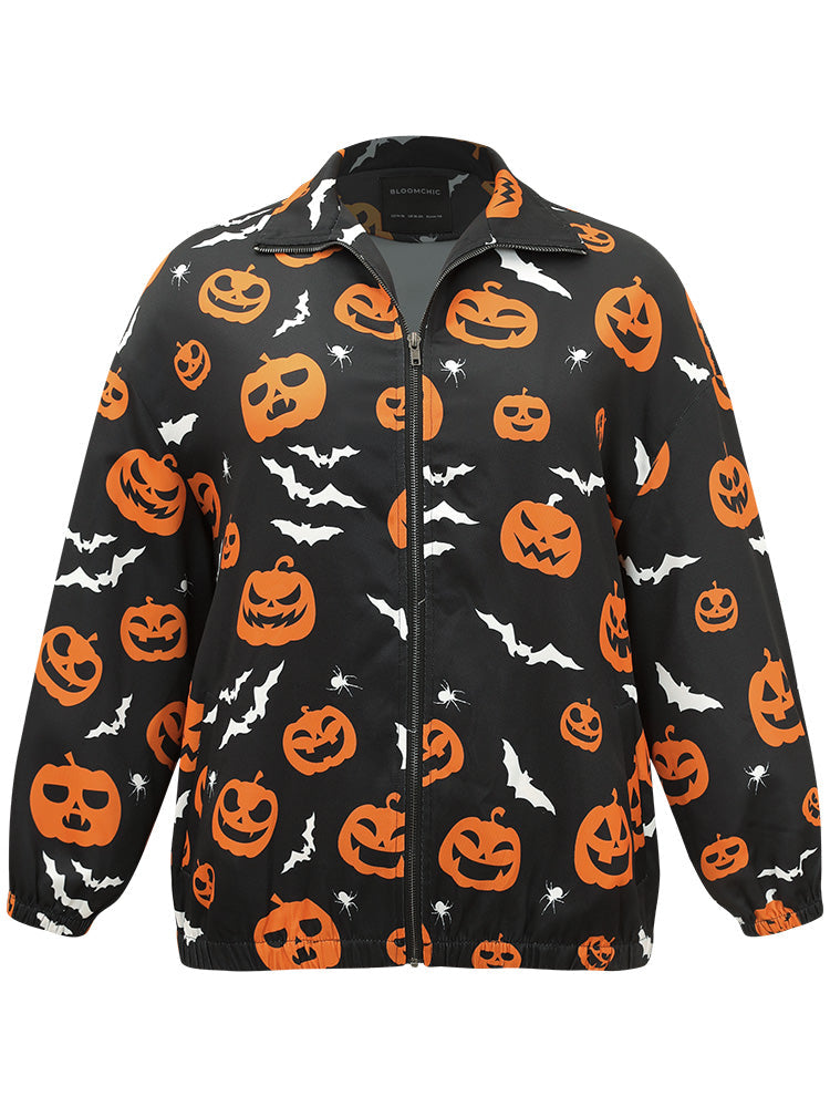 Halloween Graphic Zipper Fly Pocket Coat