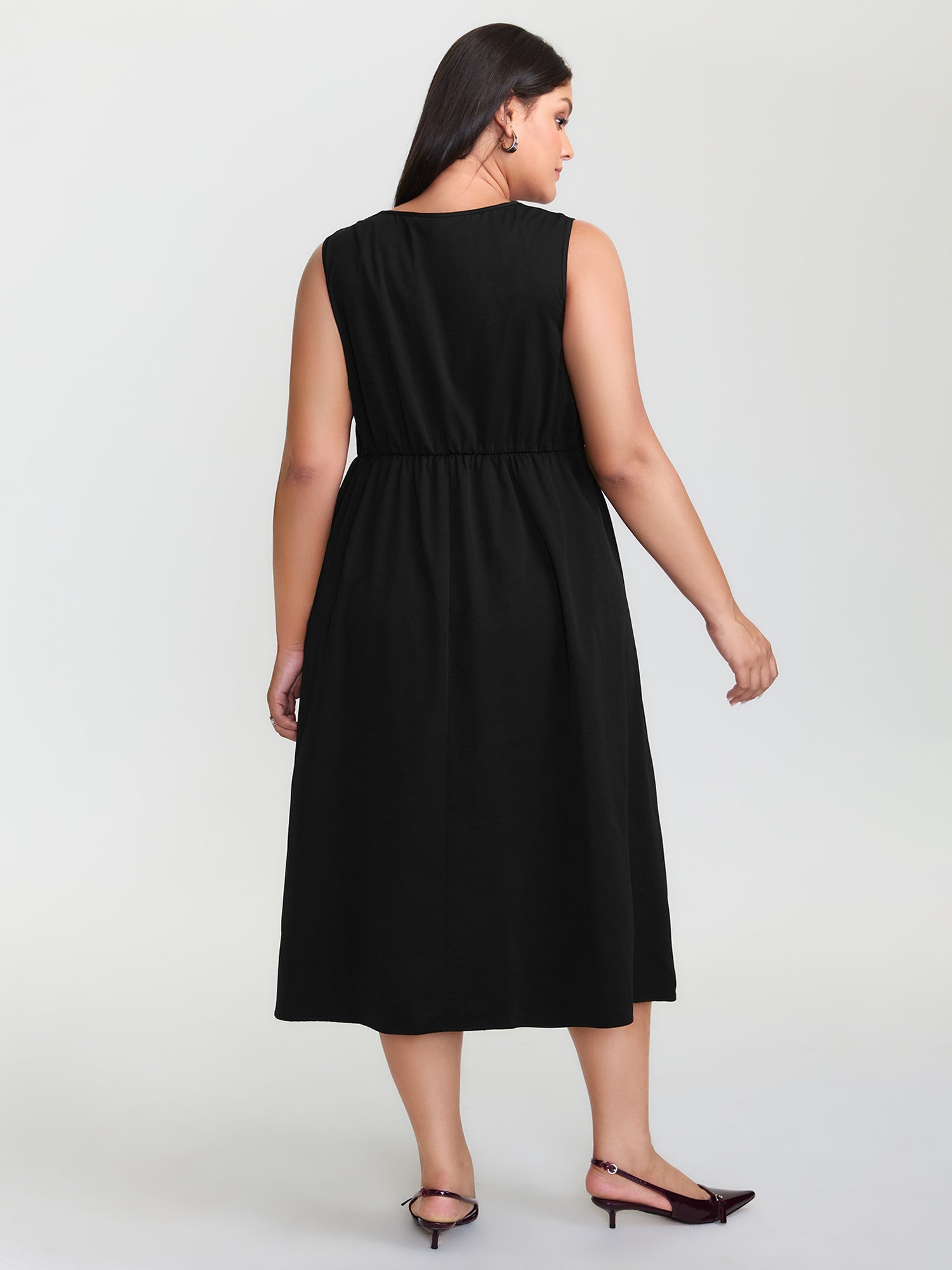 Split Neckline Waist Defining Midi Dress
