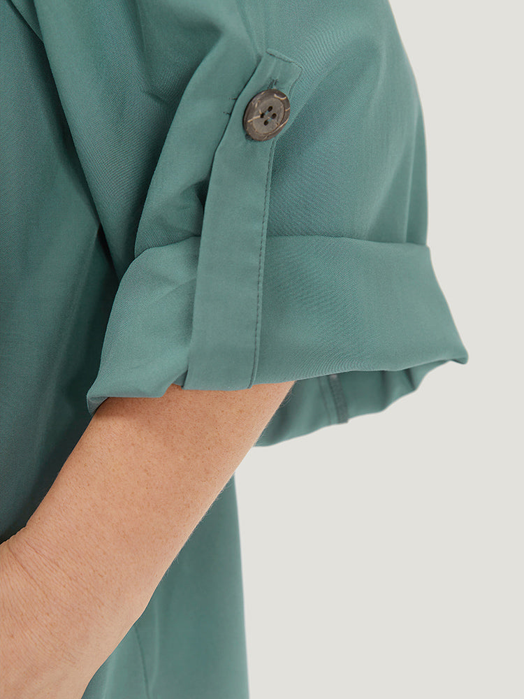 Solid Pocket Asymmetrical Neck Roll Tab Sleeve Jacket