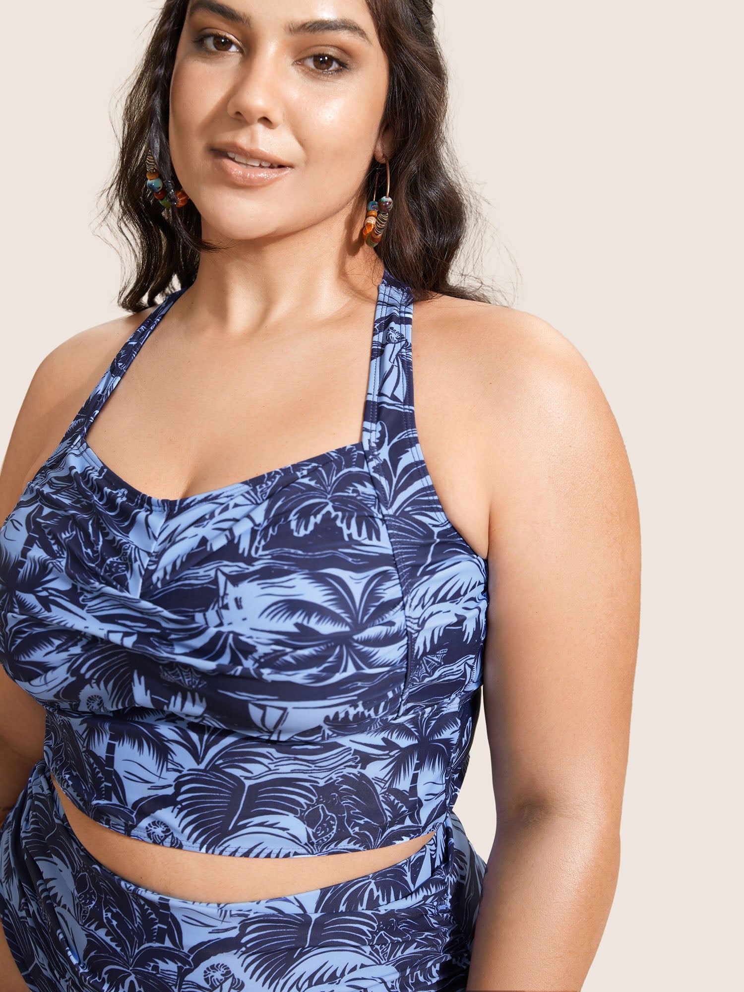 Heart Neckline Tropical Print Crossover Swim Top