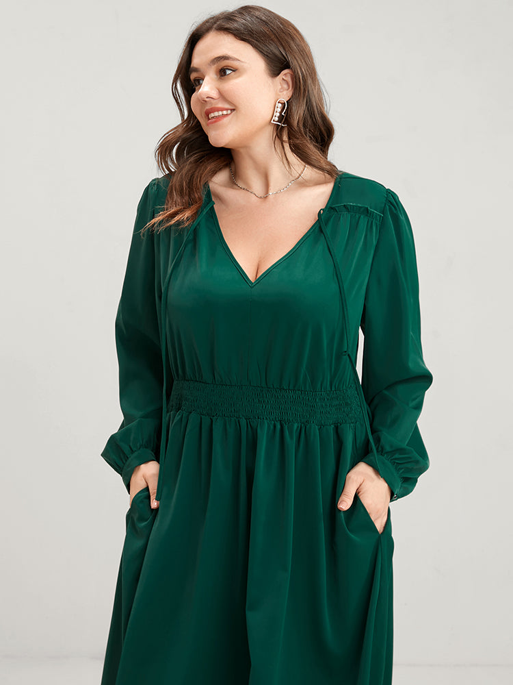 Solid Pocket Shirred Tie V Neck Ruffle Hem Dress