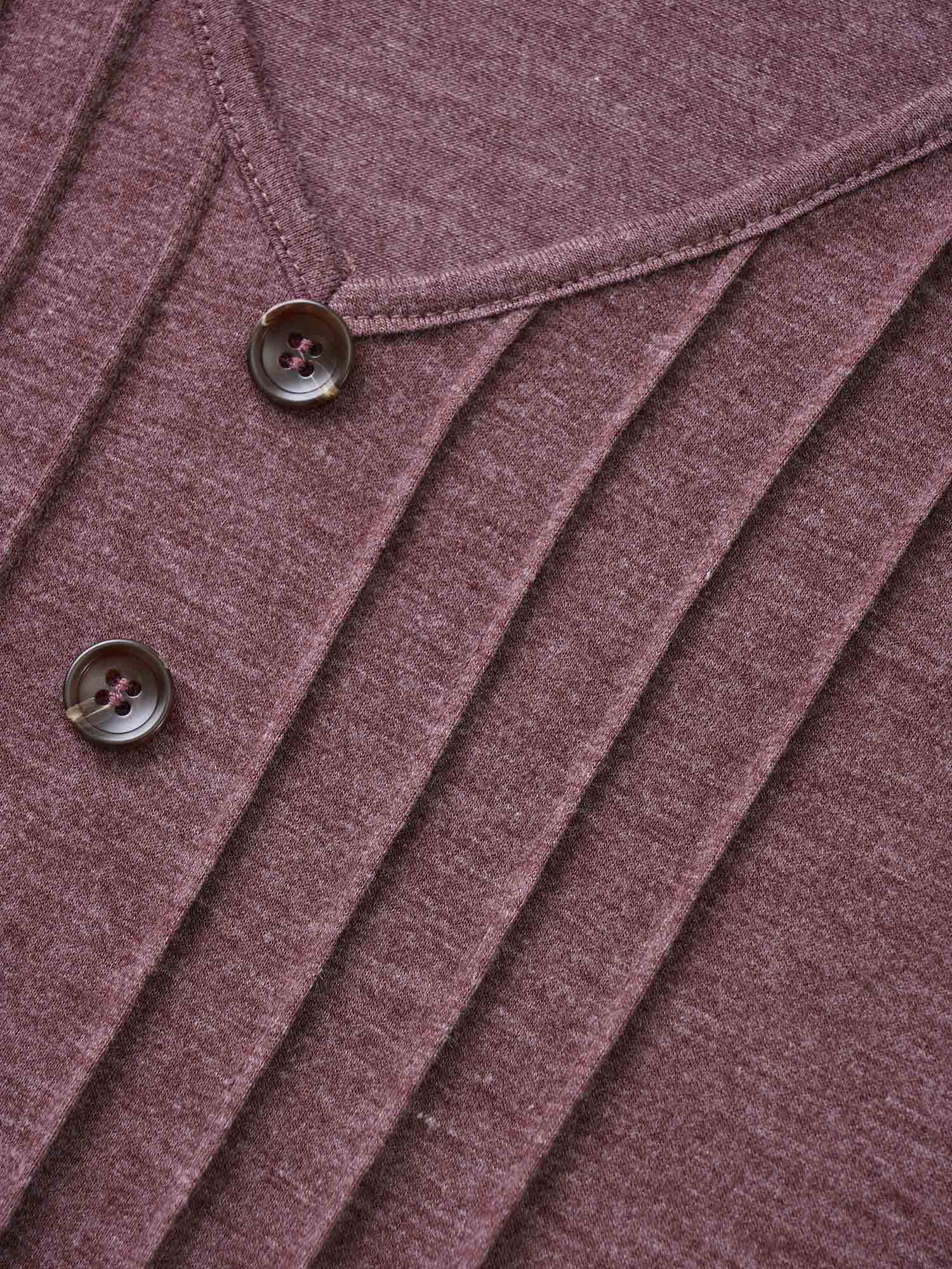 Solid Pleated Front Button Detail V Neck T-shirt