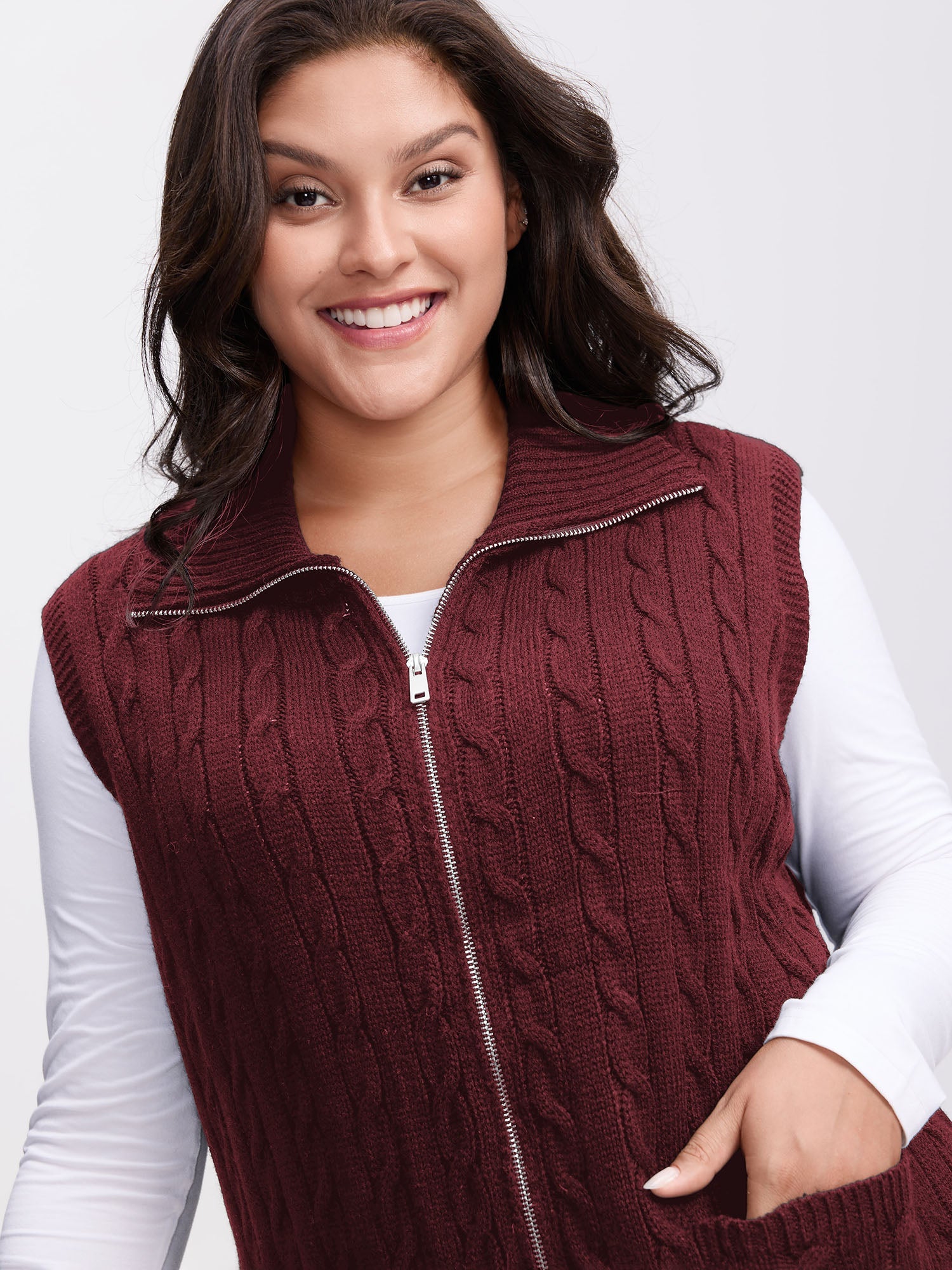 Cable Zipper Sleeveless Knit Cardigan
