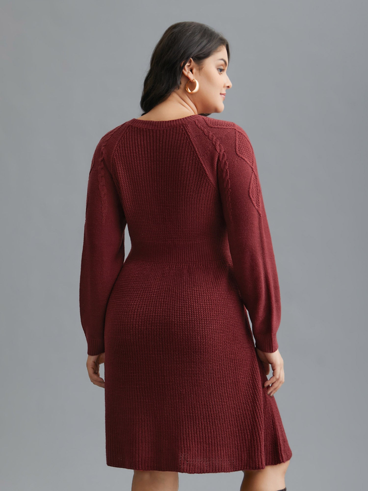 Cable Knit Raglan Sleeve Midi Sweater Dress