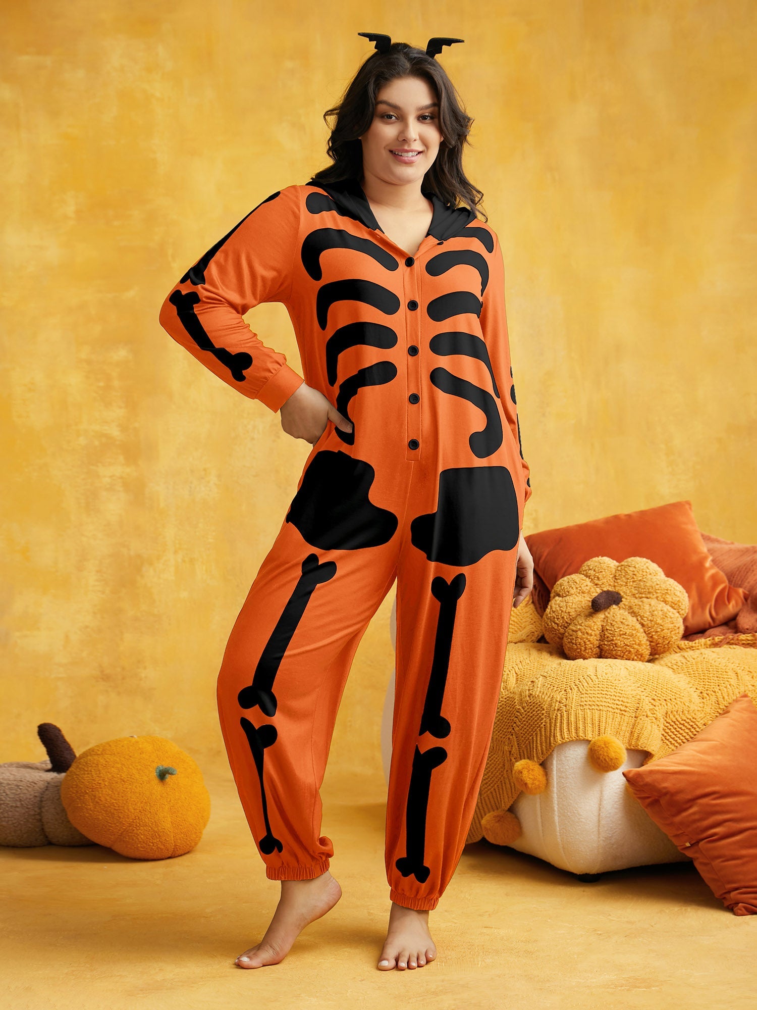 Skeleton Printed Button-Up Hooded Lounge Jumpsuit