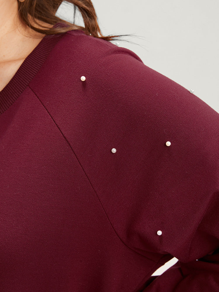 Solid Pearls Beaded Raglan Sleeve Drop Shoulder Sweatshirt