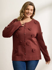 3D Floral Pattern Round Neck Knit Cardigan