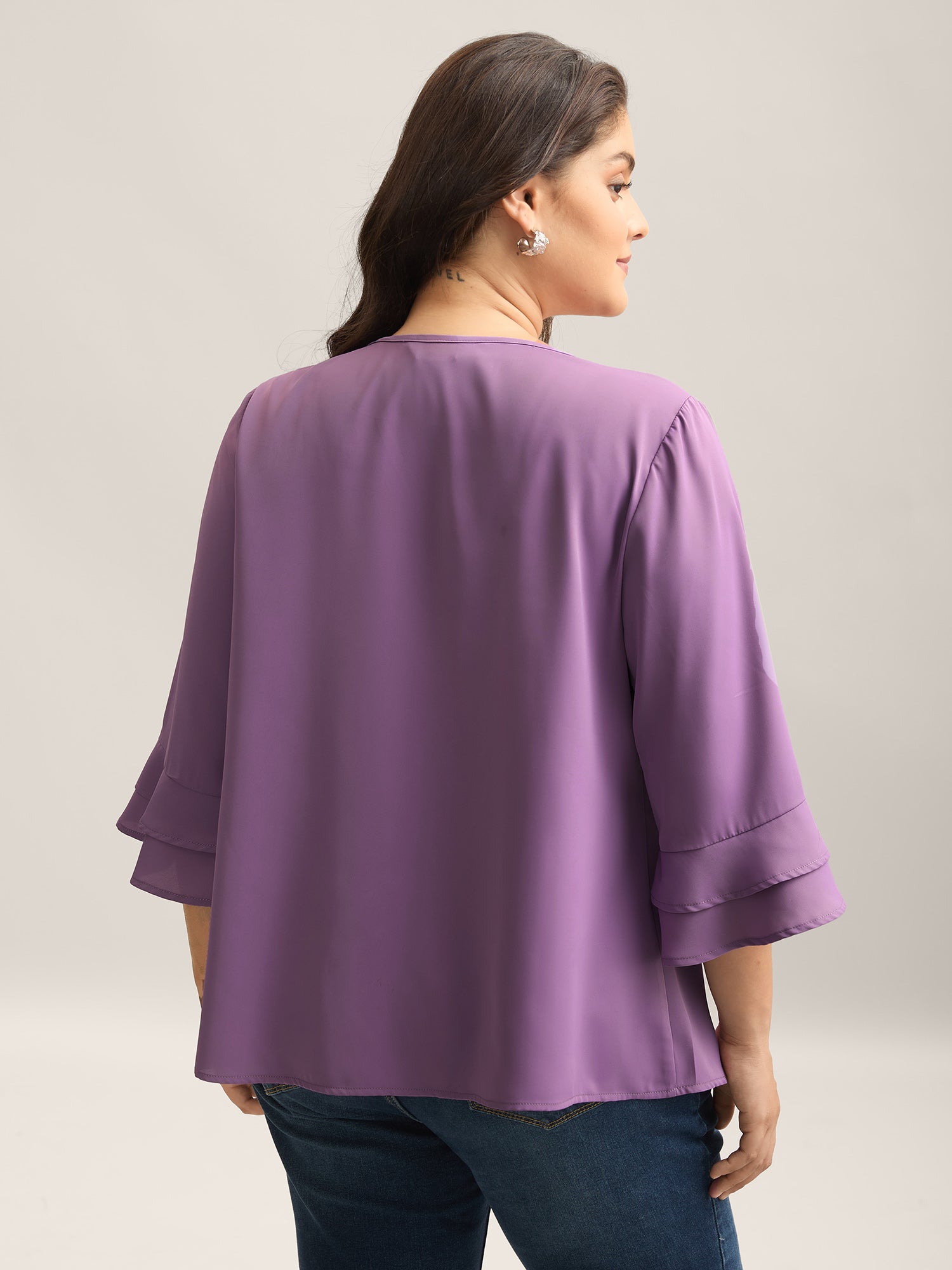 Solid Ribbon Tied Collar Bell Sleeve Blouse