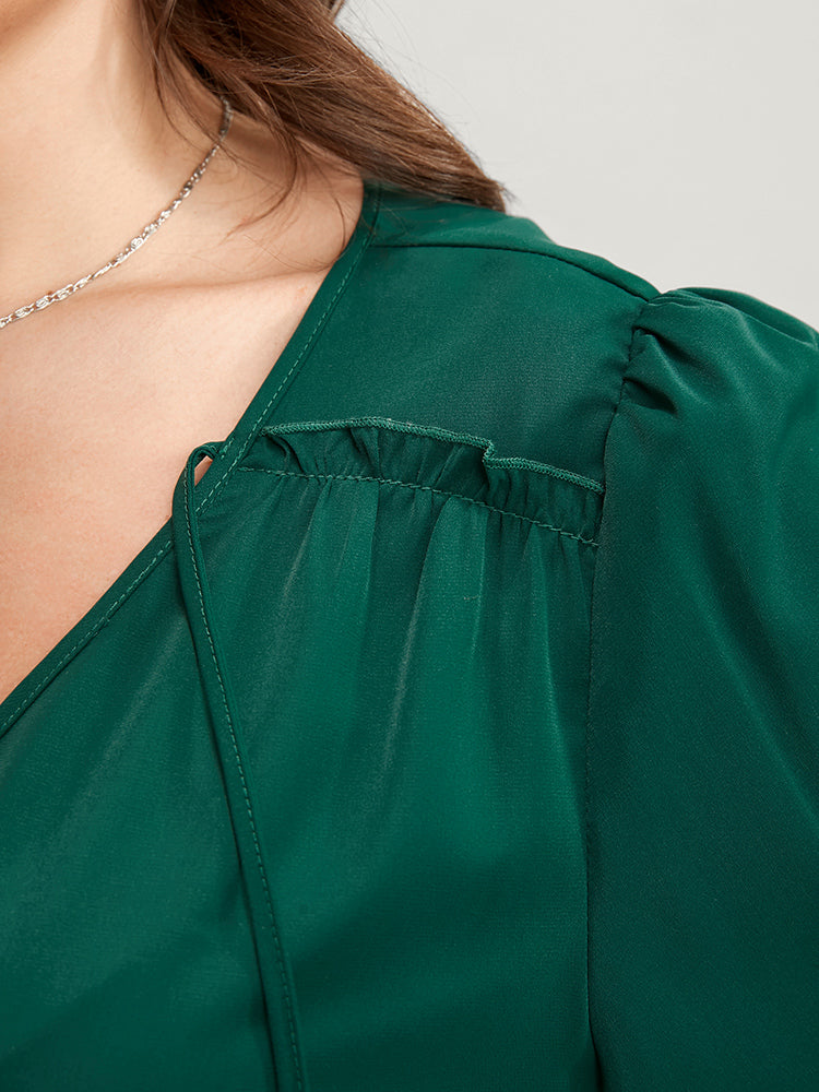 Solid Pocket Shirred Tie V Neck Ruffle Hem Dress