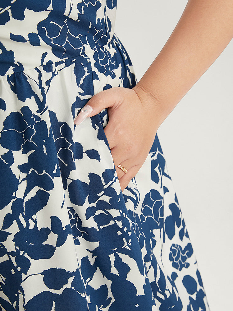 Floral Print Pocket Puff Sleeve Ruched Pocket Ruffle Hem Dress