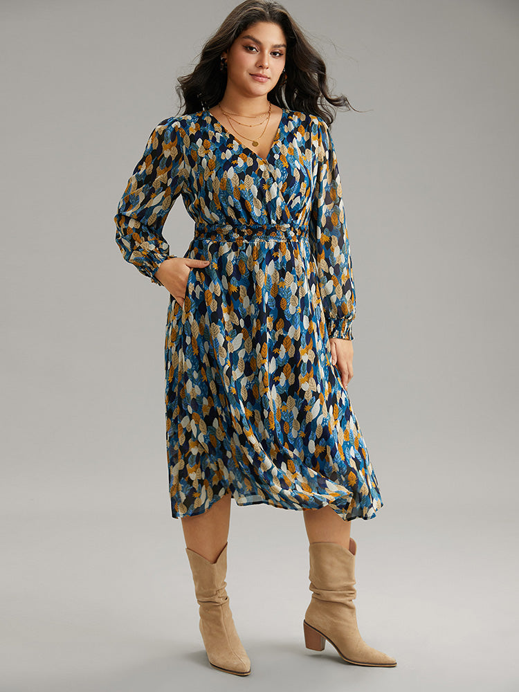 Overlap Collar Feather Shirred Pocket Dress