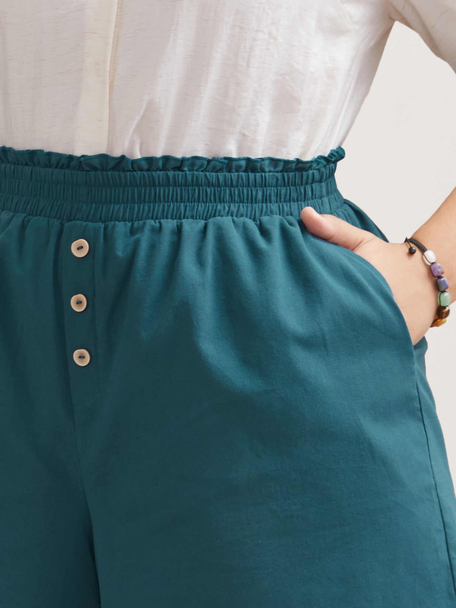 Smocked Waist Buckle Button Shorts