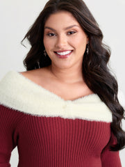 Fuzzy Off-Shoulder Color Block Sweater Dress