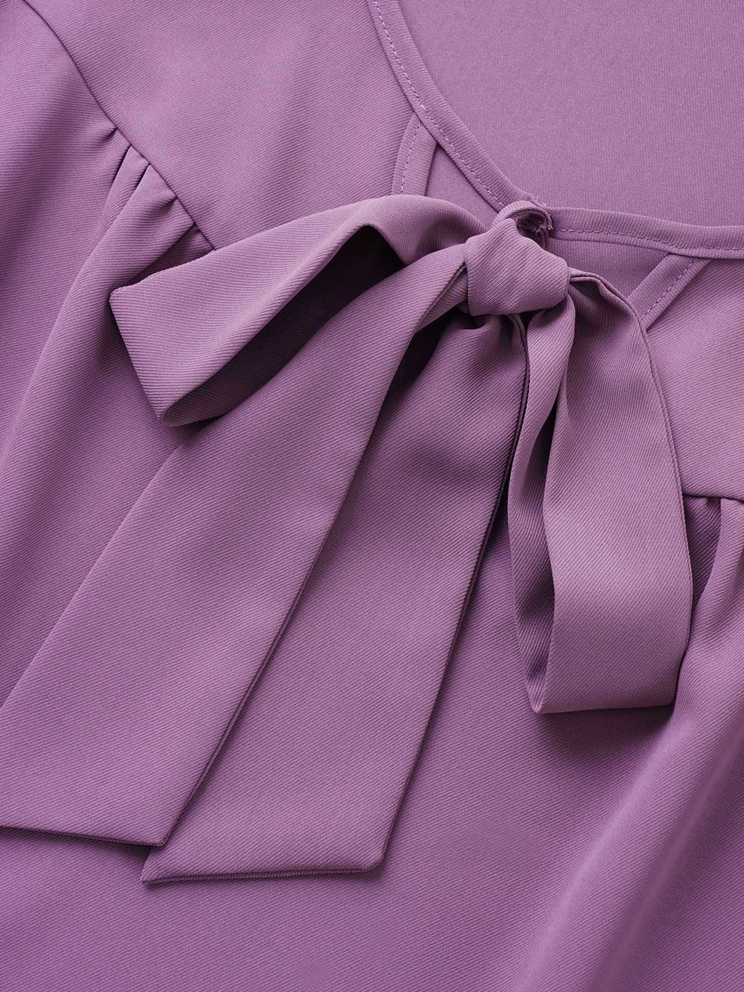 Solid Ribbon Tied Collar Bell Sleeve Blouse